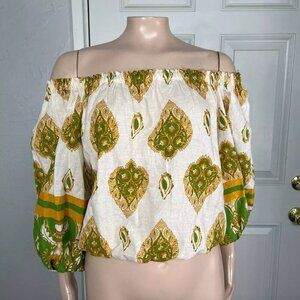 Haute Hippie Peasant Blouse L NWT Printed Boho Festival Linen Blend Off Shoulder